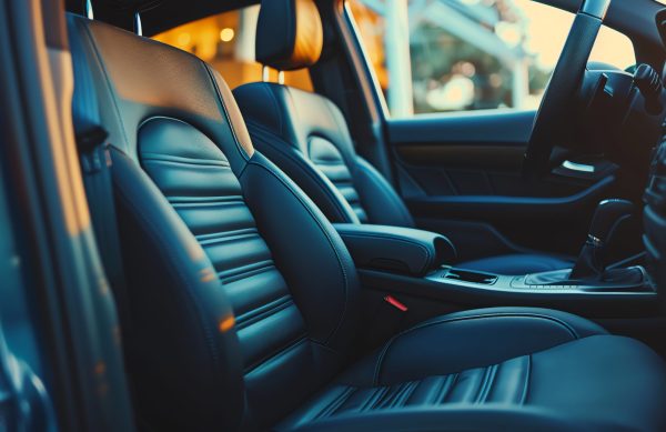 Closeup of the interior of a car with dark leather seats. седишта